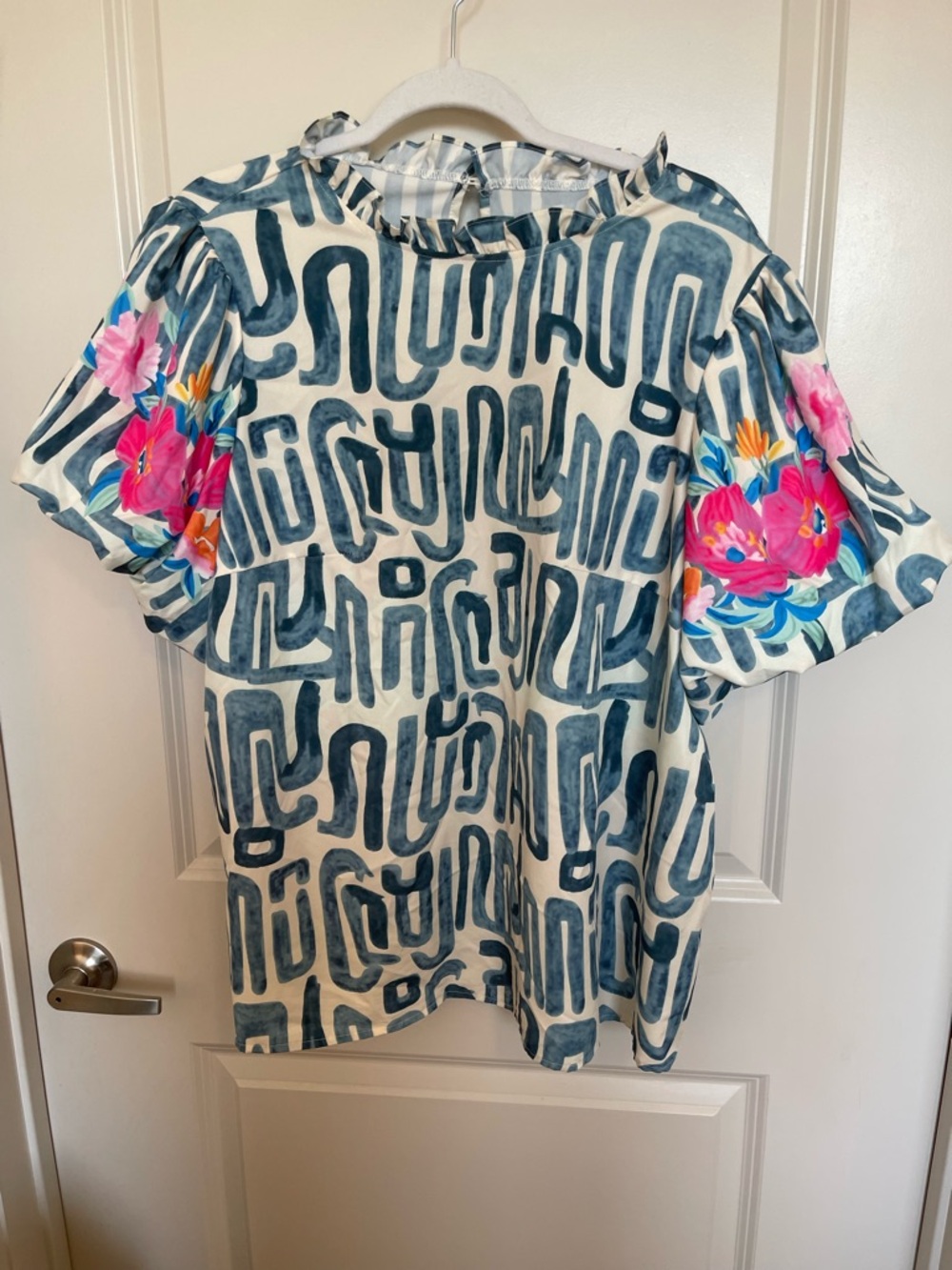 Girls Blue Patterned Top with Floral Sleeves